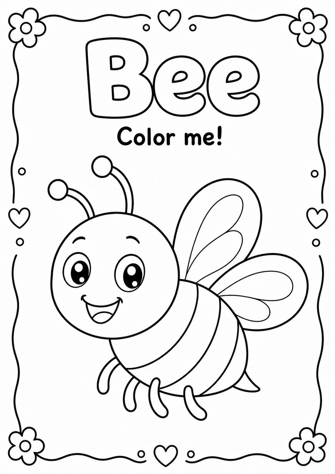 Bee Coloring Pages — free printable Kindergarten Art worksheet