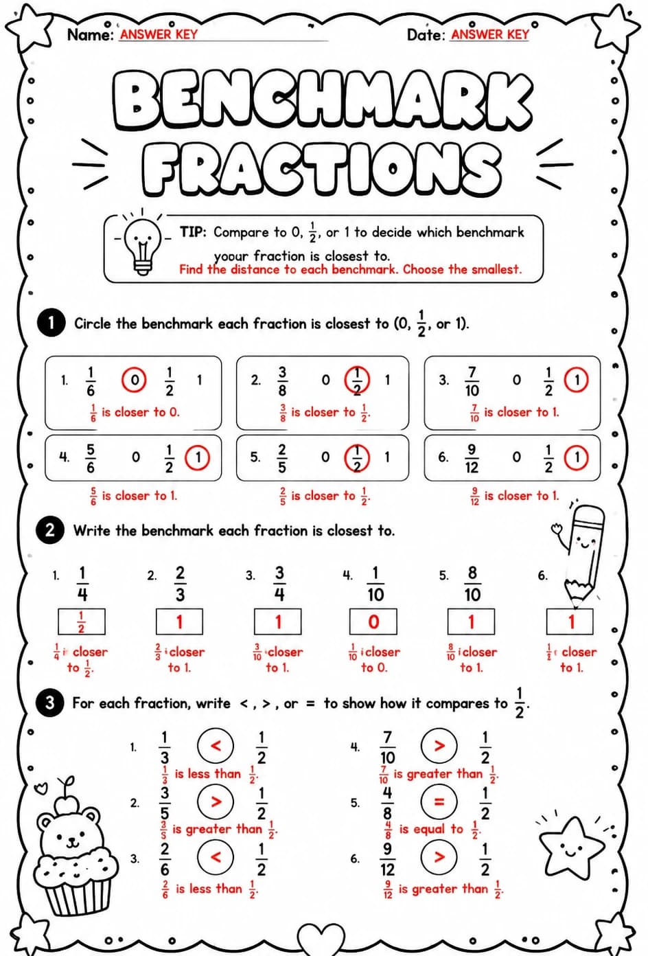 Answer key for Benchmark fractions — free printable Math worksheet