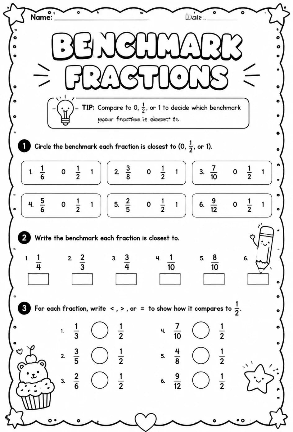 Benchmark fractions — free printable Grade 4 math worksheet