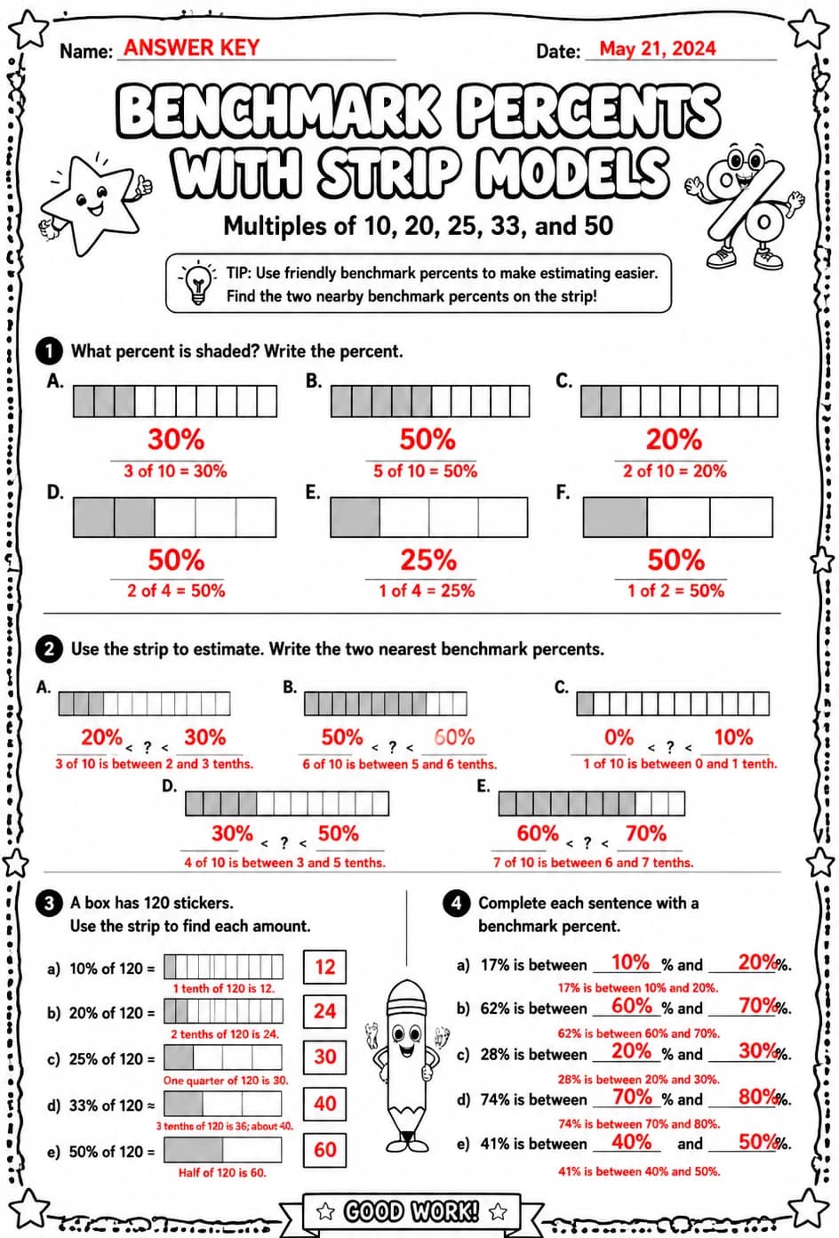 Answer key for Benchmark percents with strip models: multiples of 10, 20, 25, 33, and 50 — free printable Math worksheet