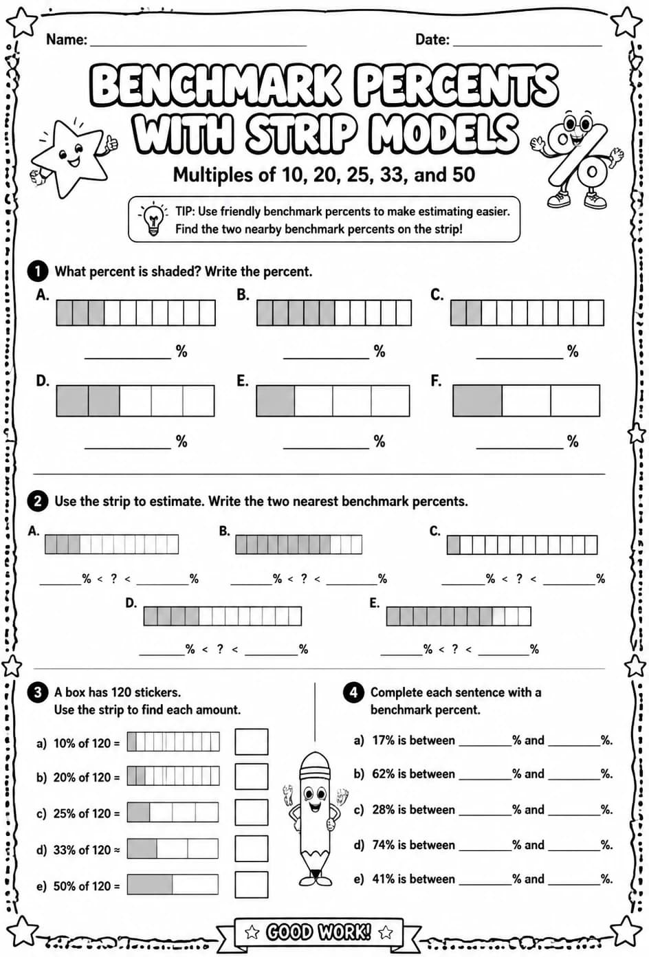 Benchmark percents with strip models: multiples of 10, 20, 25, 33, and 50 — free printable Grade 6 math worksheet