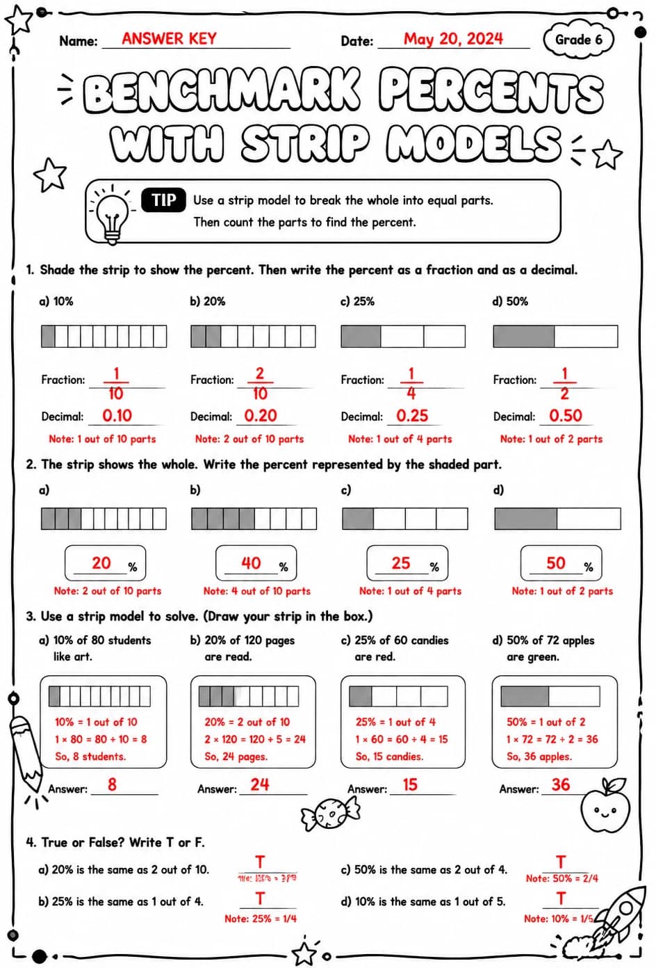 Answer key for Benchmark percents with strip models: multiples of 10, 20, 25, and 50 percent — free printable Math worksheet