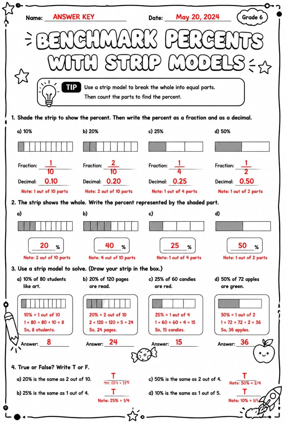 Answer key for Benchmark percents with strip models: multiples of 10, 20, 25, and 50 percent — free printable Math worksheet