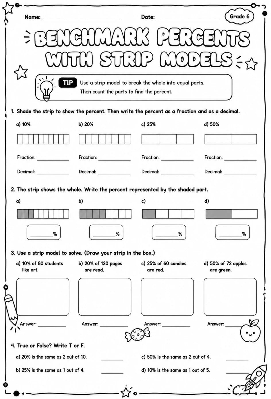 Benchmark percents with strip models: multiples of 10, 20, 25, and 50 percent — free printable Grade 6 math worksheet