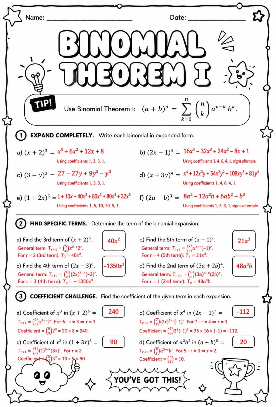 Answer key for Binomial Theorem I — free printable Math worksheet