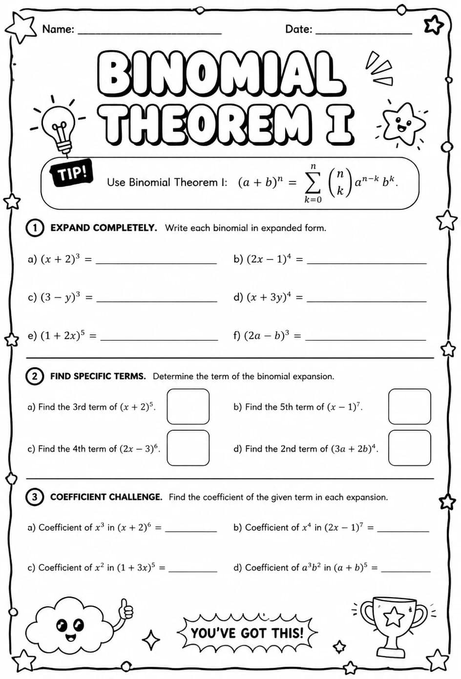 Binomial Theorem I — free printable Algebra 2 math worksheet