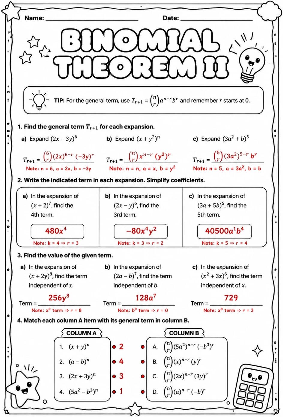 Answer key for Binomial Theorem II — free printable Math worksheet