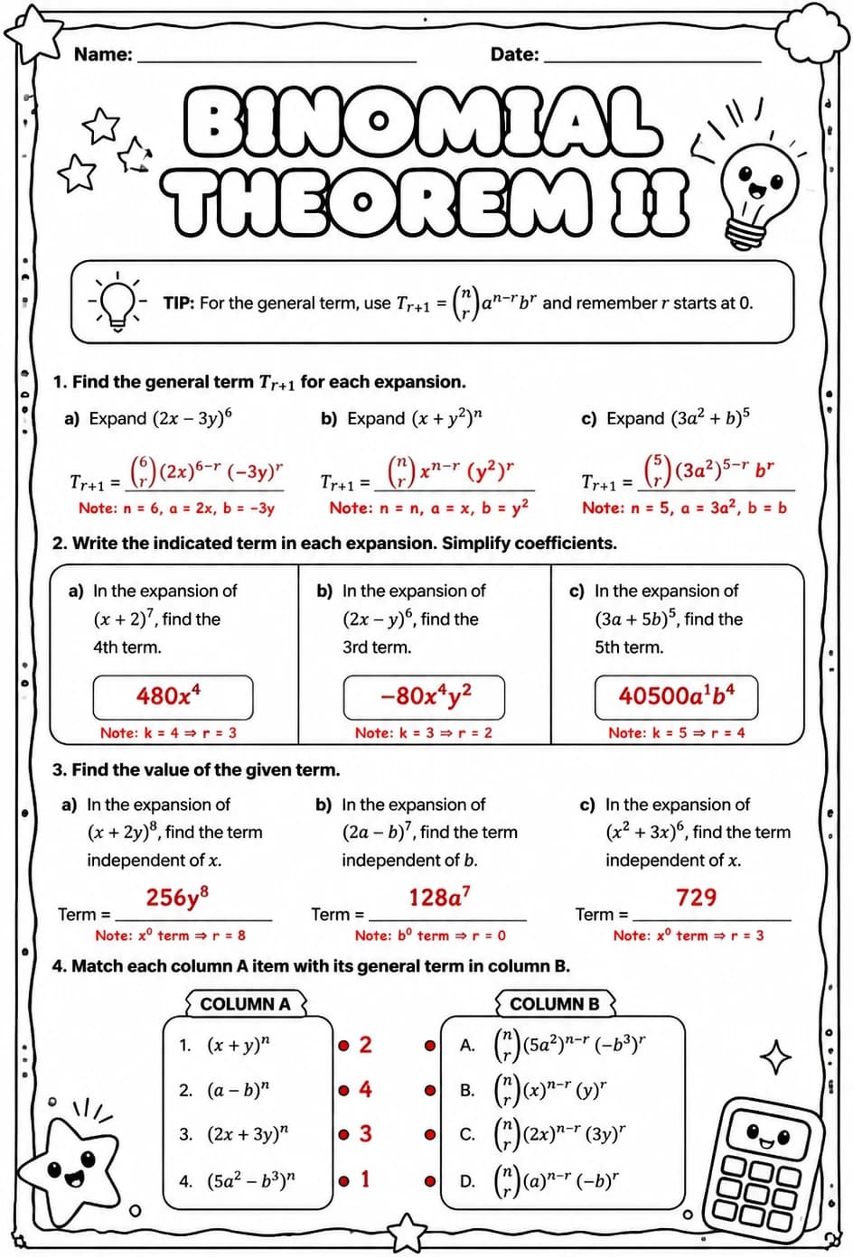 Answer key for Binomial Theorem II — free printable Math worksheet