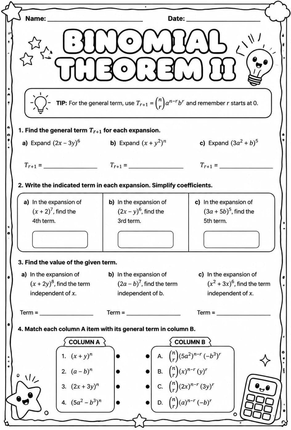 Binomial Theorem II — free printable Algebra 2 math worksheet