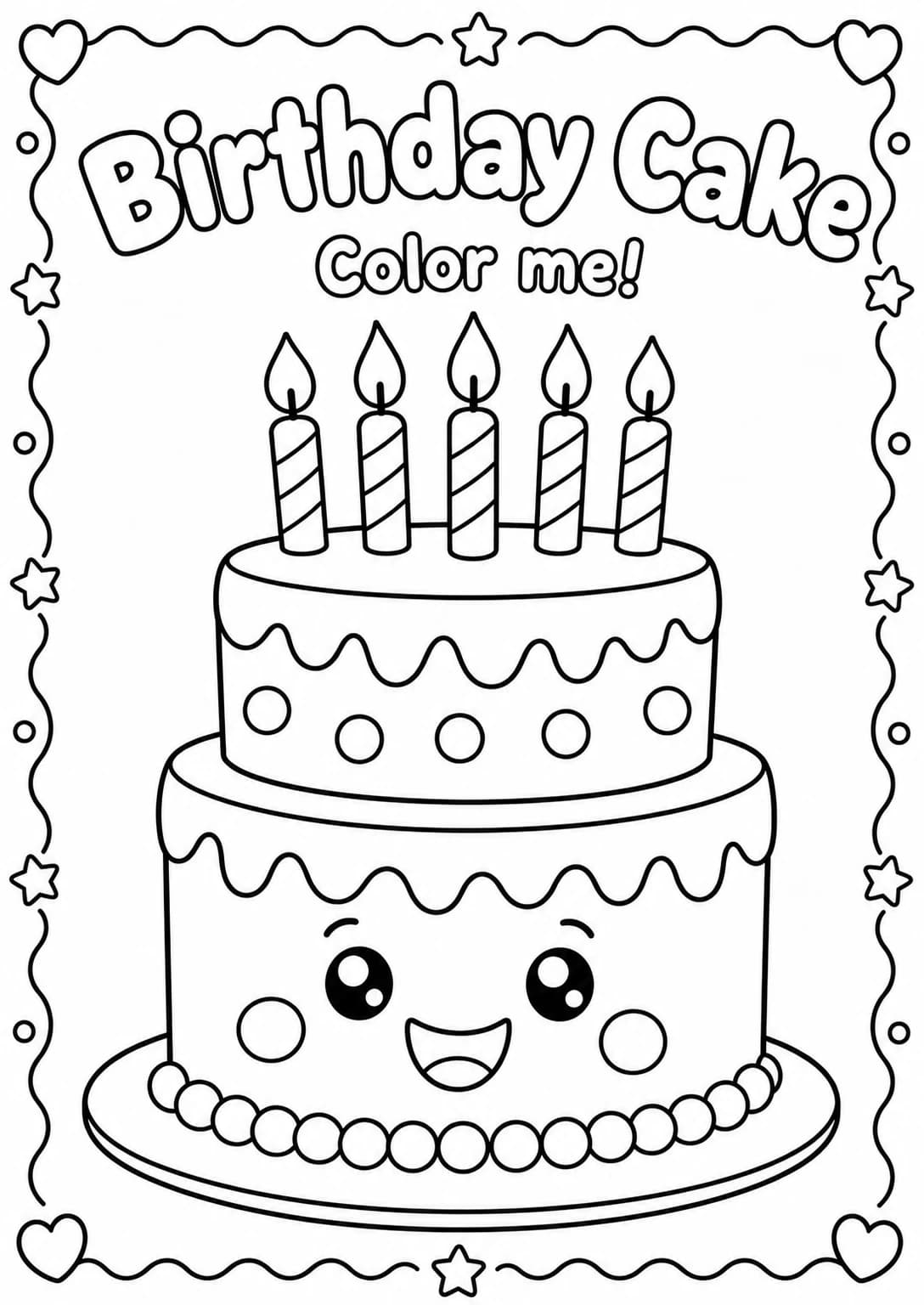 Birthday Cake Coloring Pages — free printable Kindergarten Art worksheet