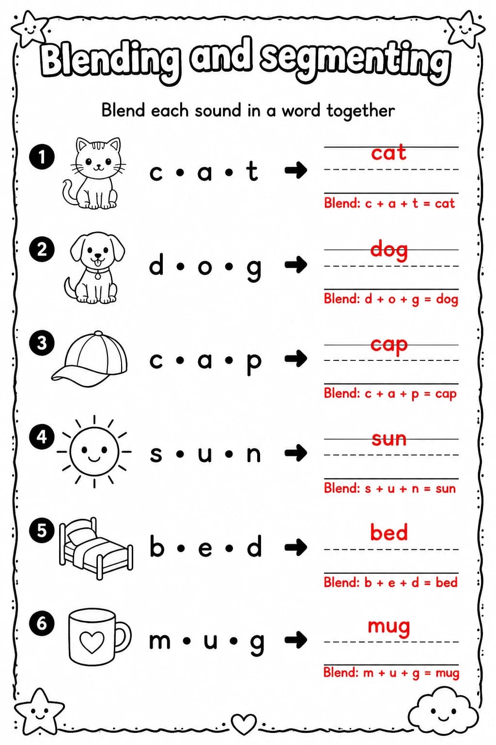 Answer key for Blend each sound in a word together — free printable English & Reading worksheet
