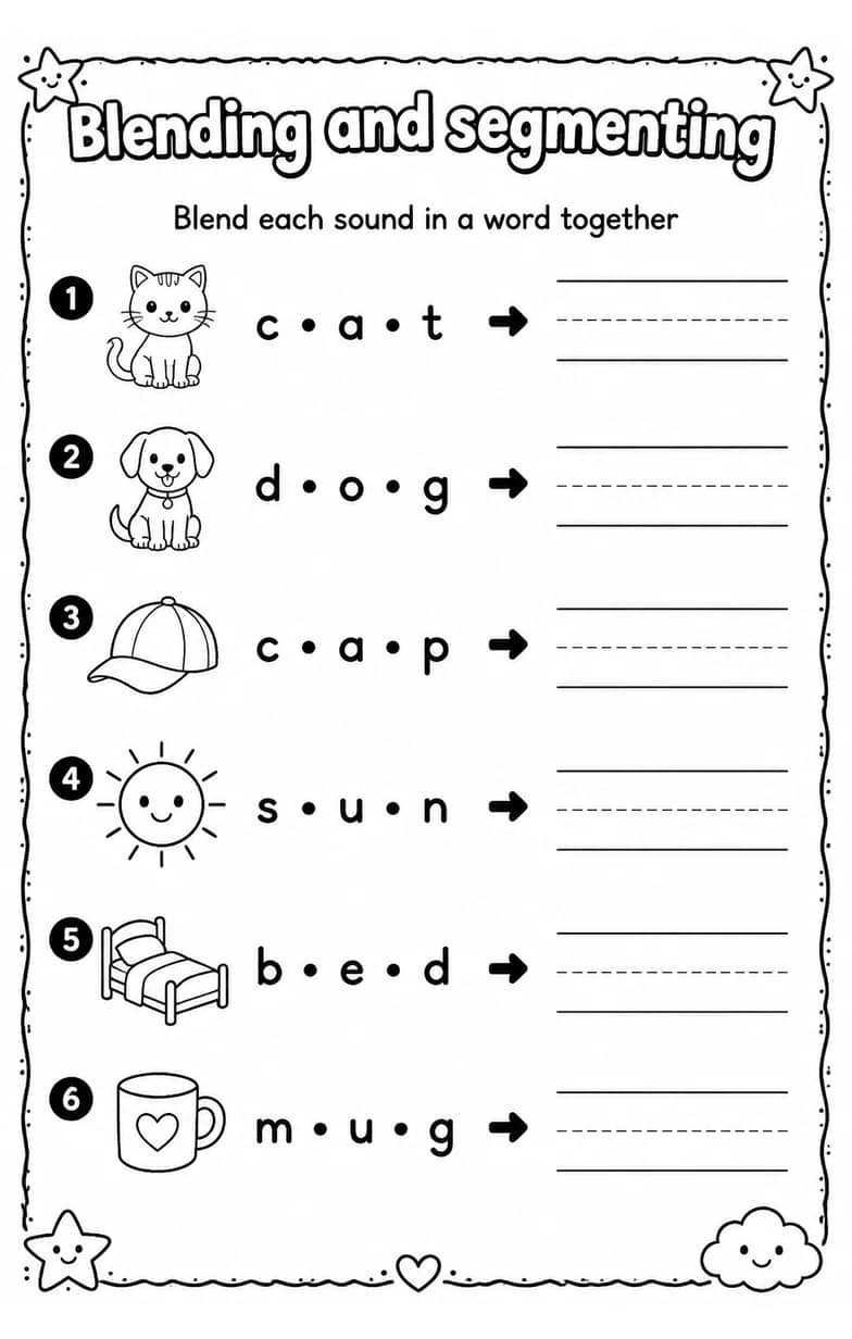 Blend each sound in a word together — free printable Reading foundations English worksheet