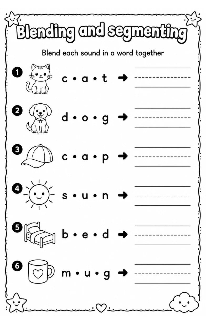 Blend each sound in a word together — free printable Reading foundations English worksheet