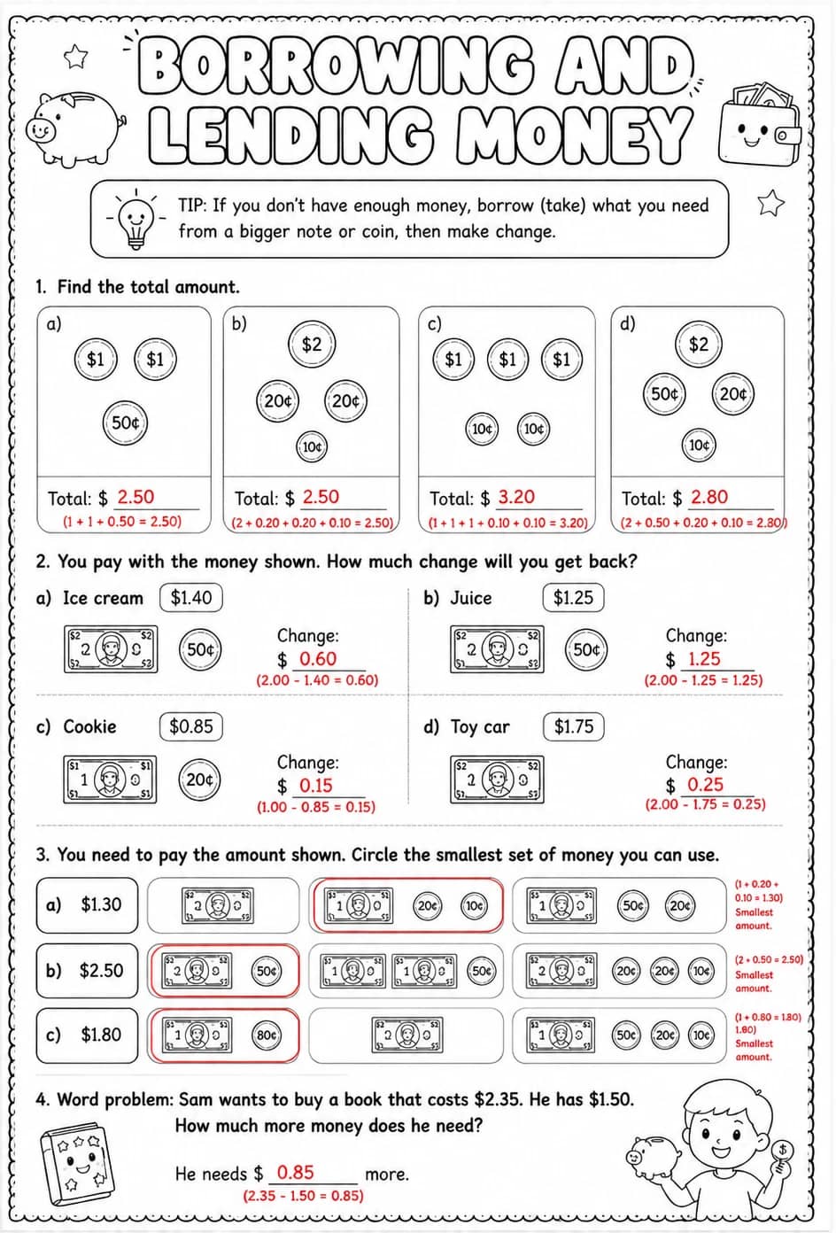 Answer key for Borrowing and lending money — free printable Math worksheet