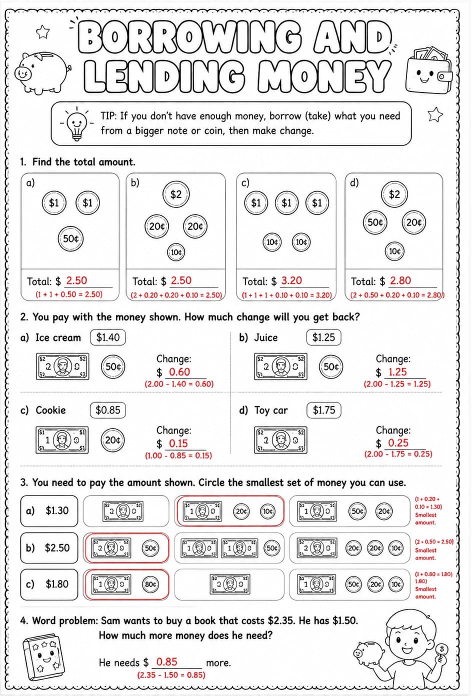 Answer key for Borrowing and lending money — free printable Math worksheet