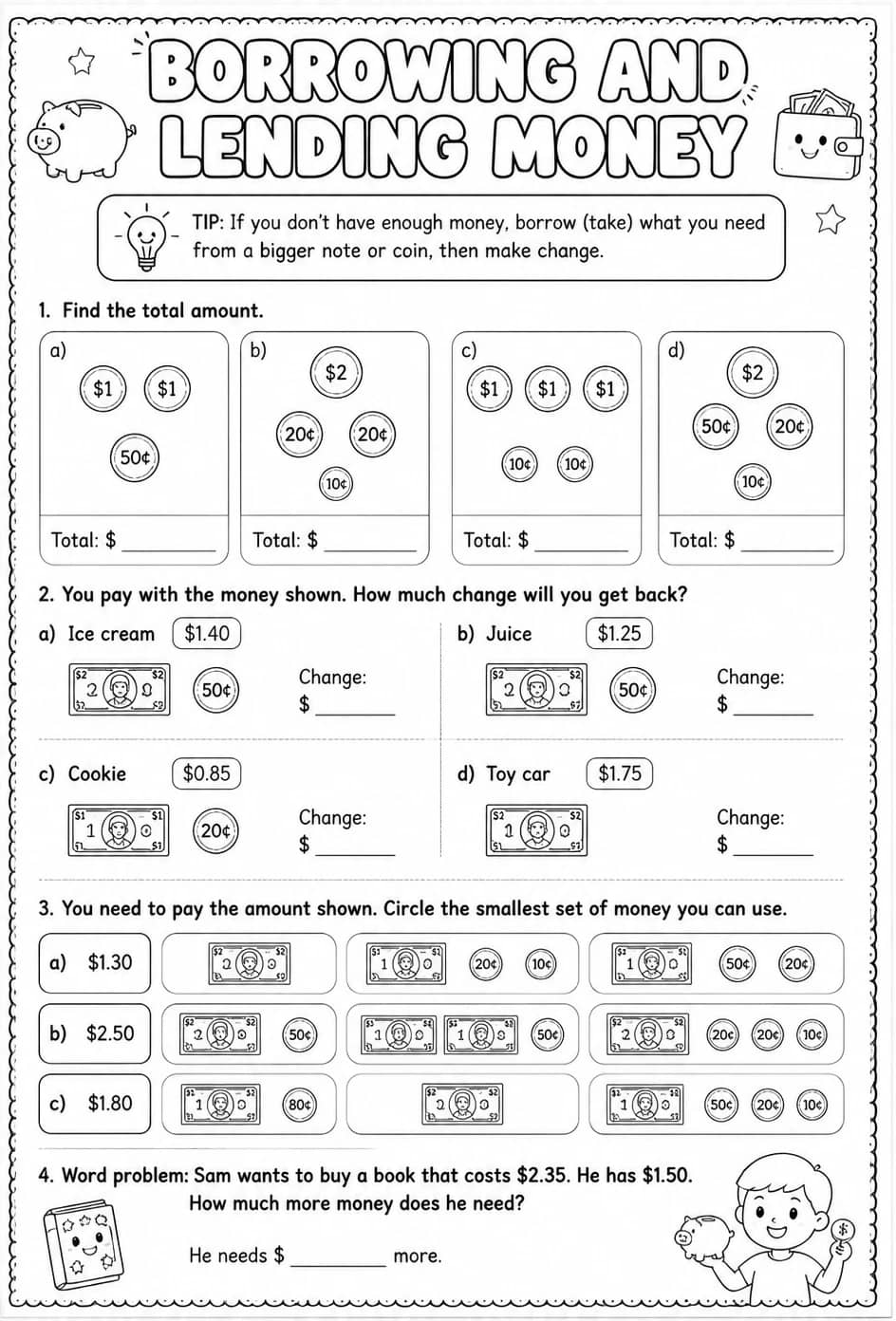Borrowing and lending money — free printable Grade 2 math worksheet