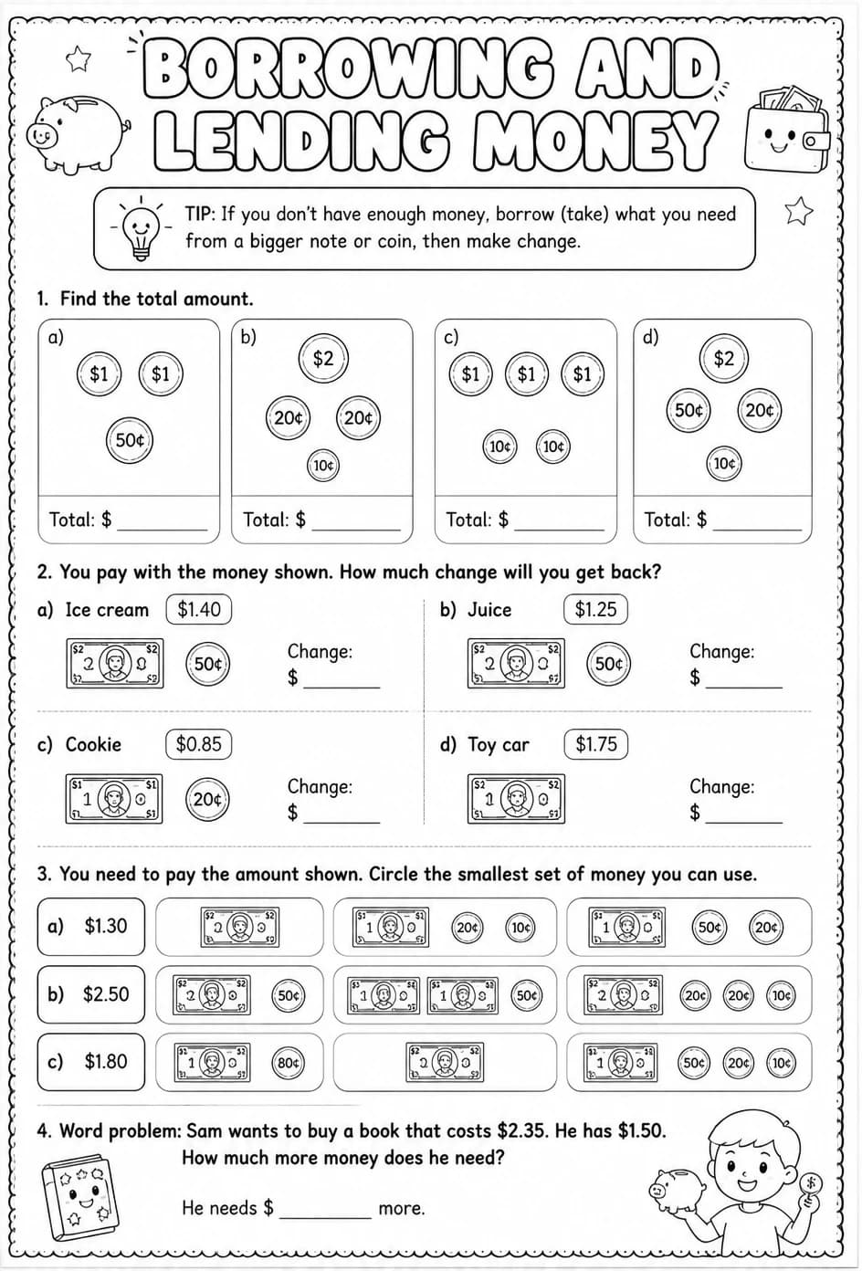 Borrowing and lending money — free printable Grade 2 math worksheet