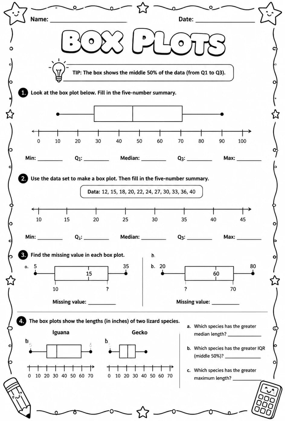 Box plots — free printable Algebra 1 math worksheet