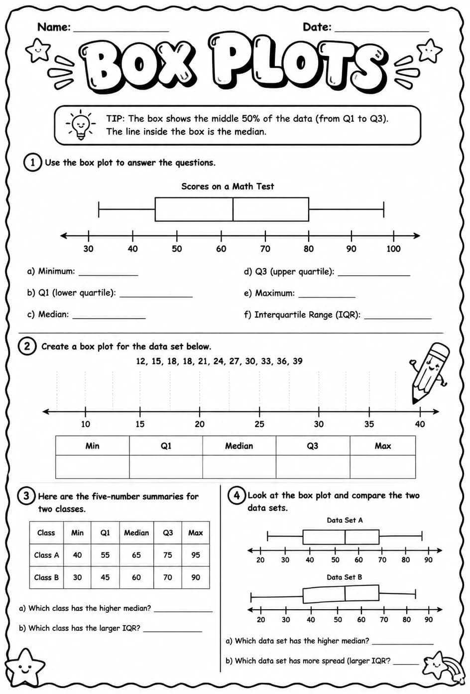 Box plots — free printable Grade 6 math worksheet