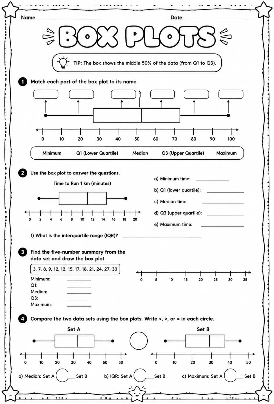 Box plots — free printable Grade 8 math worksheet