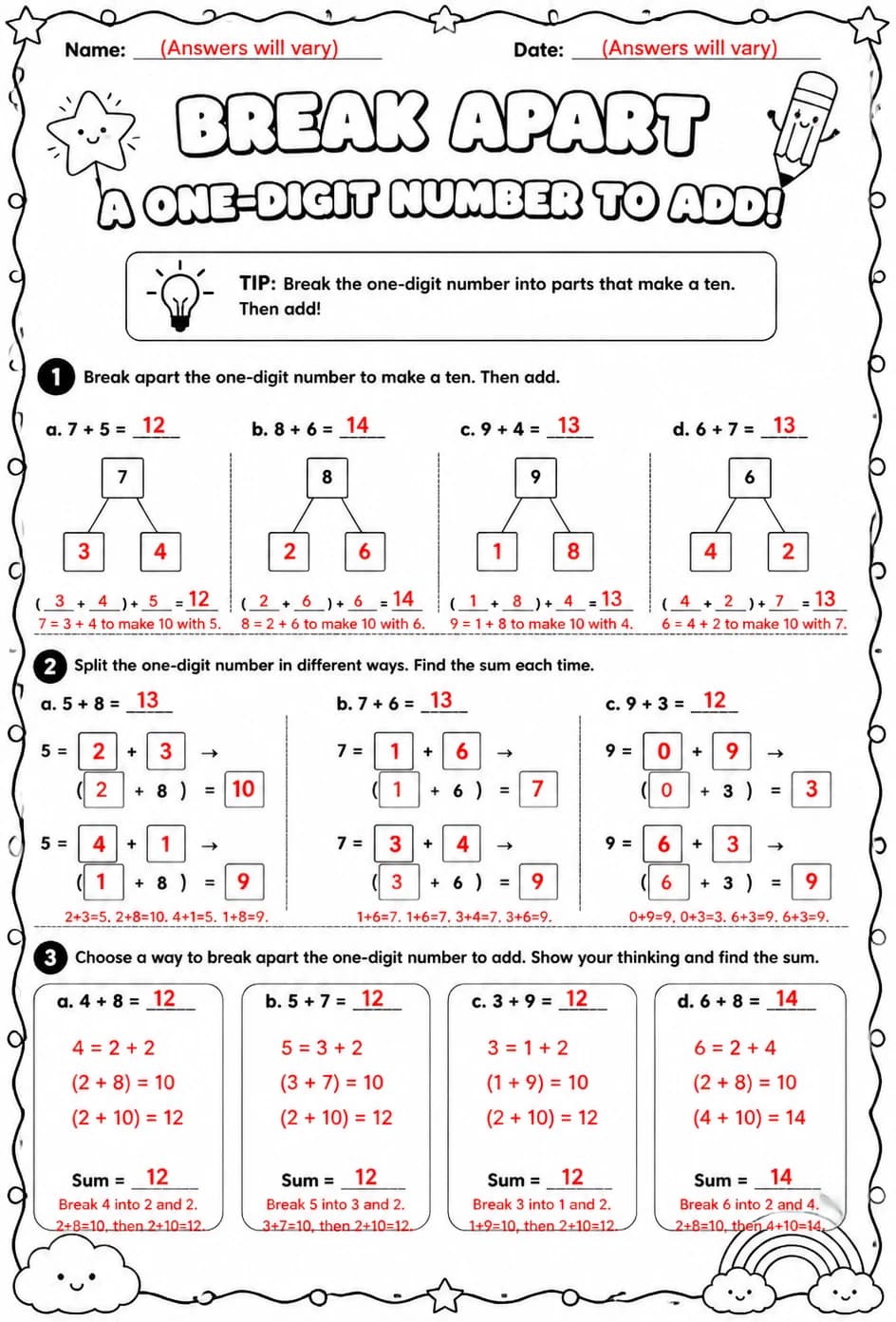 Answer key for Break apart a one-digit number to add — free printable Math worksheet
