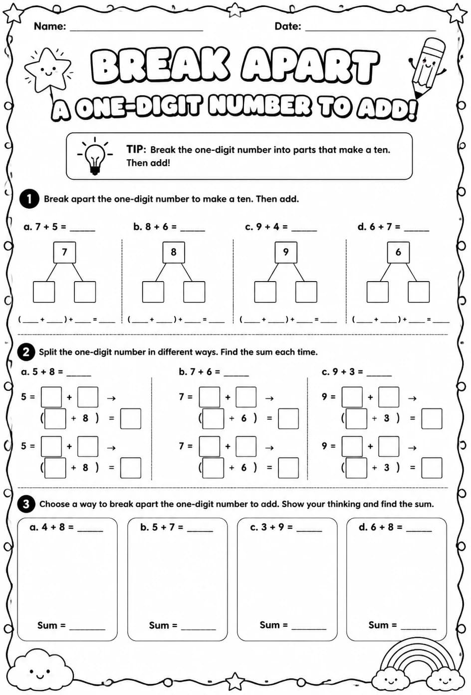 Break apart a one-digit number to add — free printable Grade 2 math worksheet