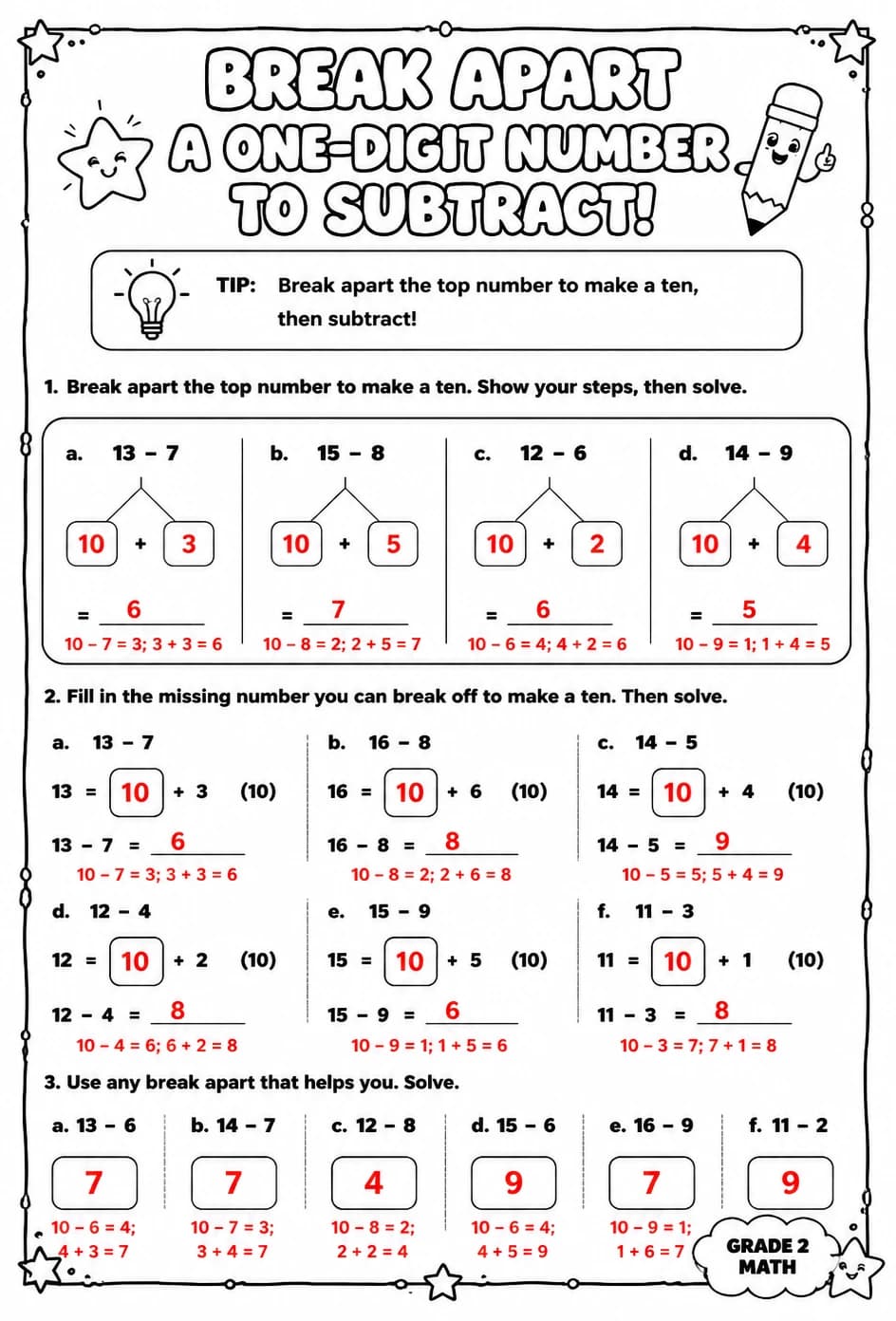 Answer key for Break apart a one-digit number to subtract — free printable Math worksheet
