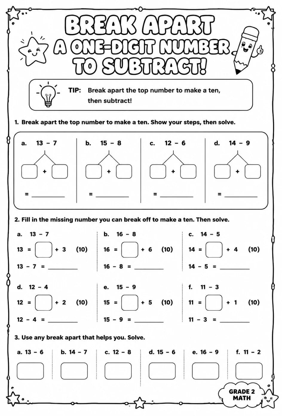 Break apart a one-digit number to subtract — free printable Grade 2 math worksheet