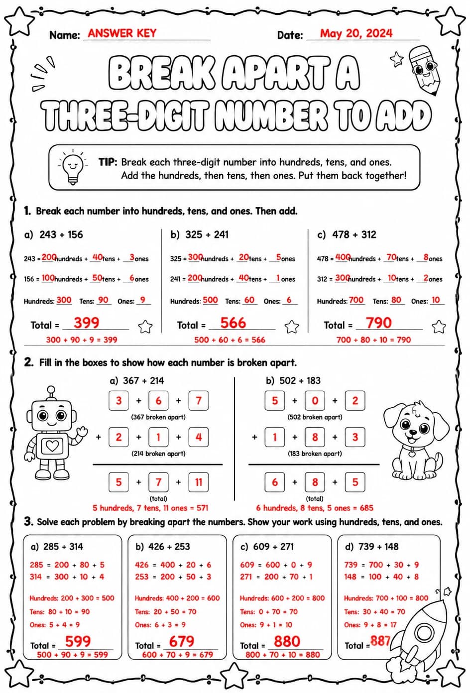 Answer key for Break apart a three-digit number to add — free printable Math worksheet