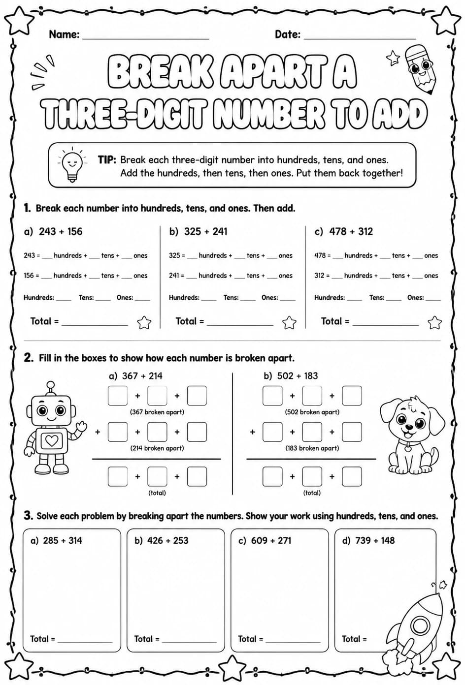 Break apart a three-digit number to add — free printable Grade 2 math worksheet