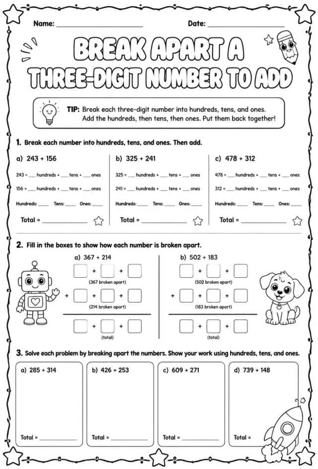 Break apart a three-digit number to add