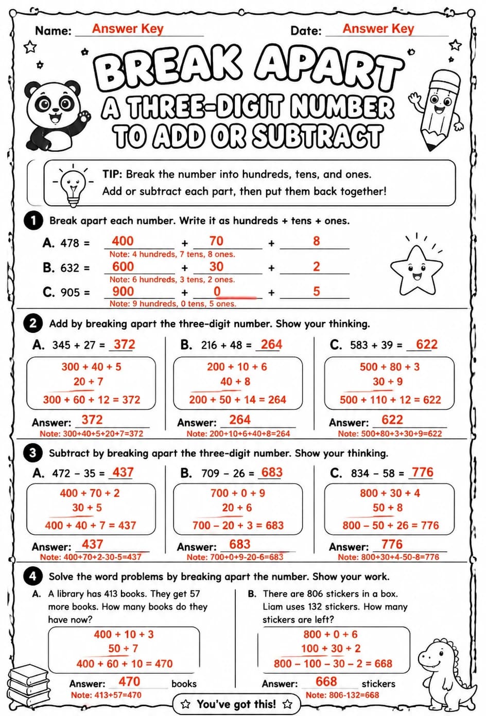 Answer key for Break apart a three-digit number to add or subtract — free printable Math worksheet