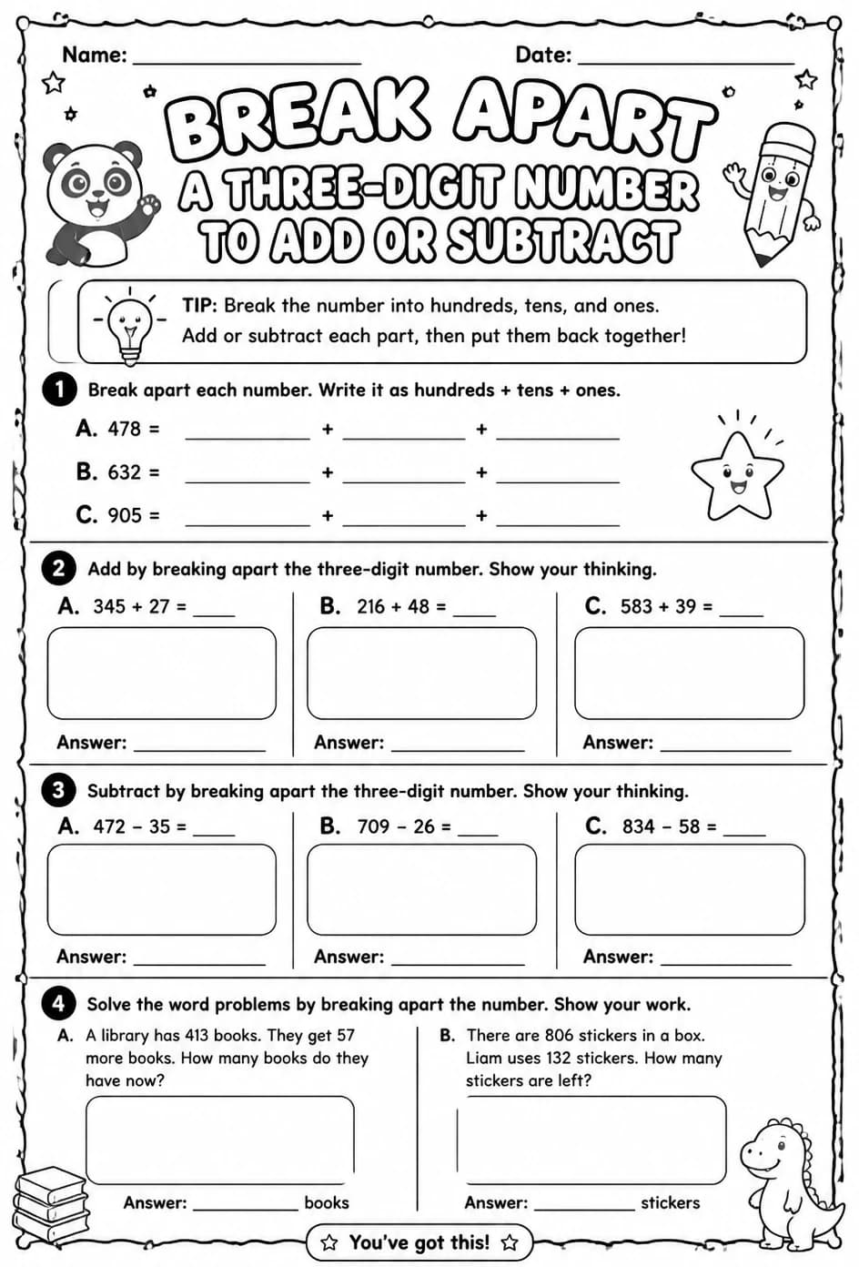 Break apart a three-digit number to add or subtract — free printable Grade 2 math worksheet
