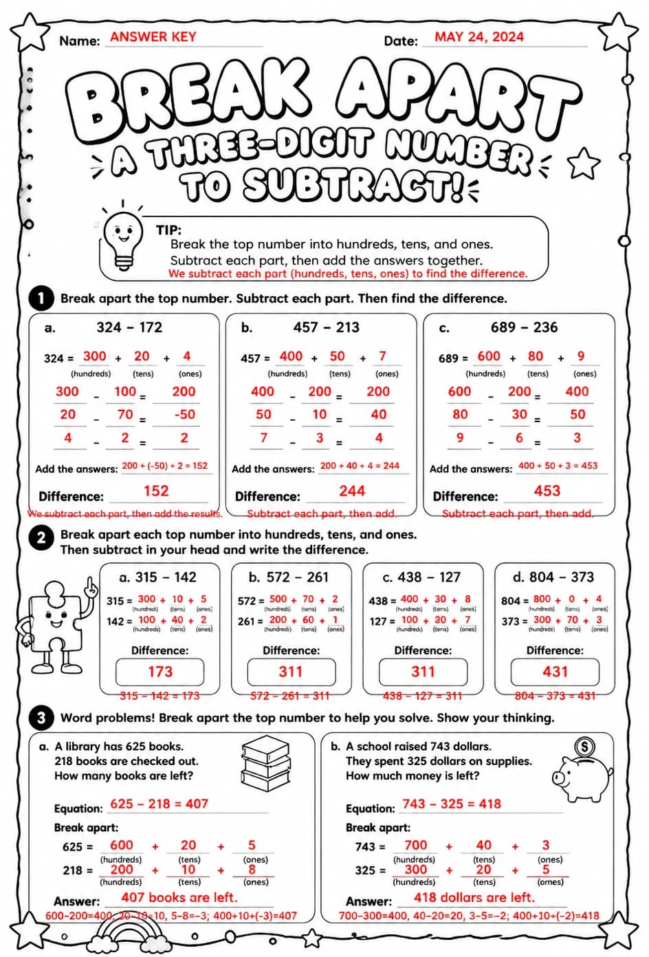 Answer key for Break apart a three-digit number to subtract — free printable Math worksheet