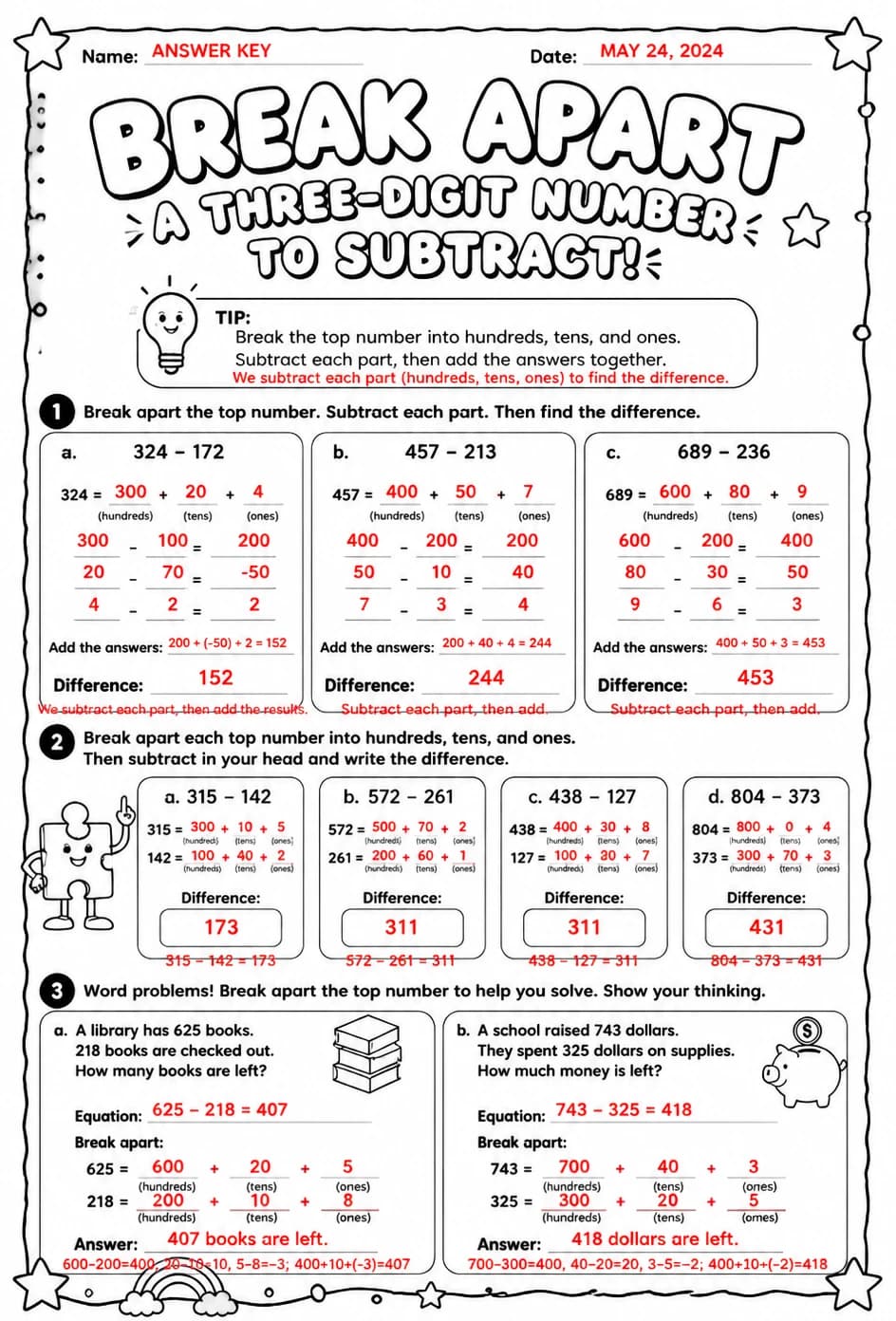 Answer key for Break apart a three-digit number to subtract — free printable Math worksheet