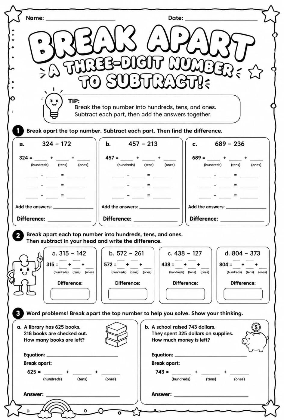 Break apart a three-digit number to subtract — free printable Grade 2 math worksheet