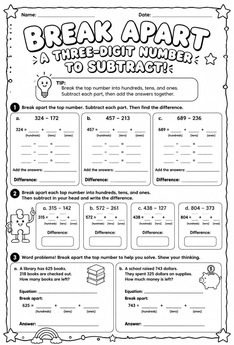 Break apart a three-digit number to subtract — free printable Grade 2 math worksheet