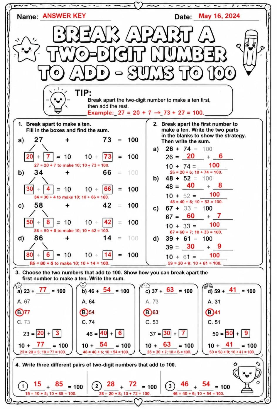 Answer key for Break apart a two-digit number to add - sums to 100 — free printable Math worksheet