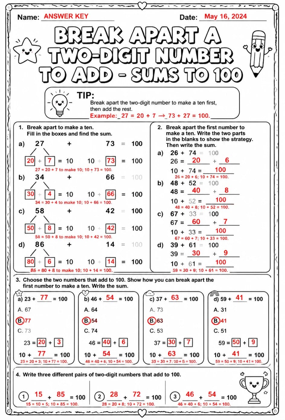 Answer key for Break apart a two-digit number to add - sums to 100 — free printable Math worksheet