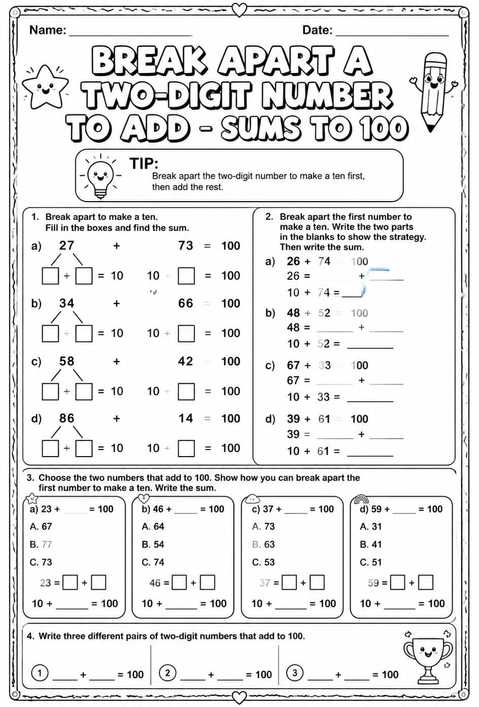 Break apart a two-digit number to add - sums to 100 — free printable Grade 2 math worksheet