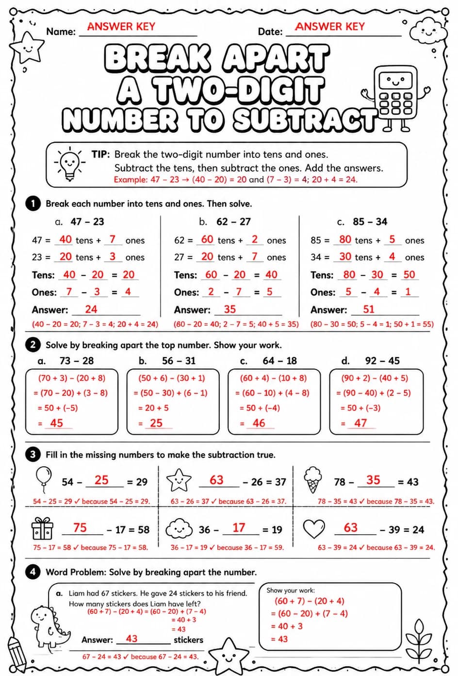 Answer key for Break apart a two-digit number to subtract — free printable Math worksheet