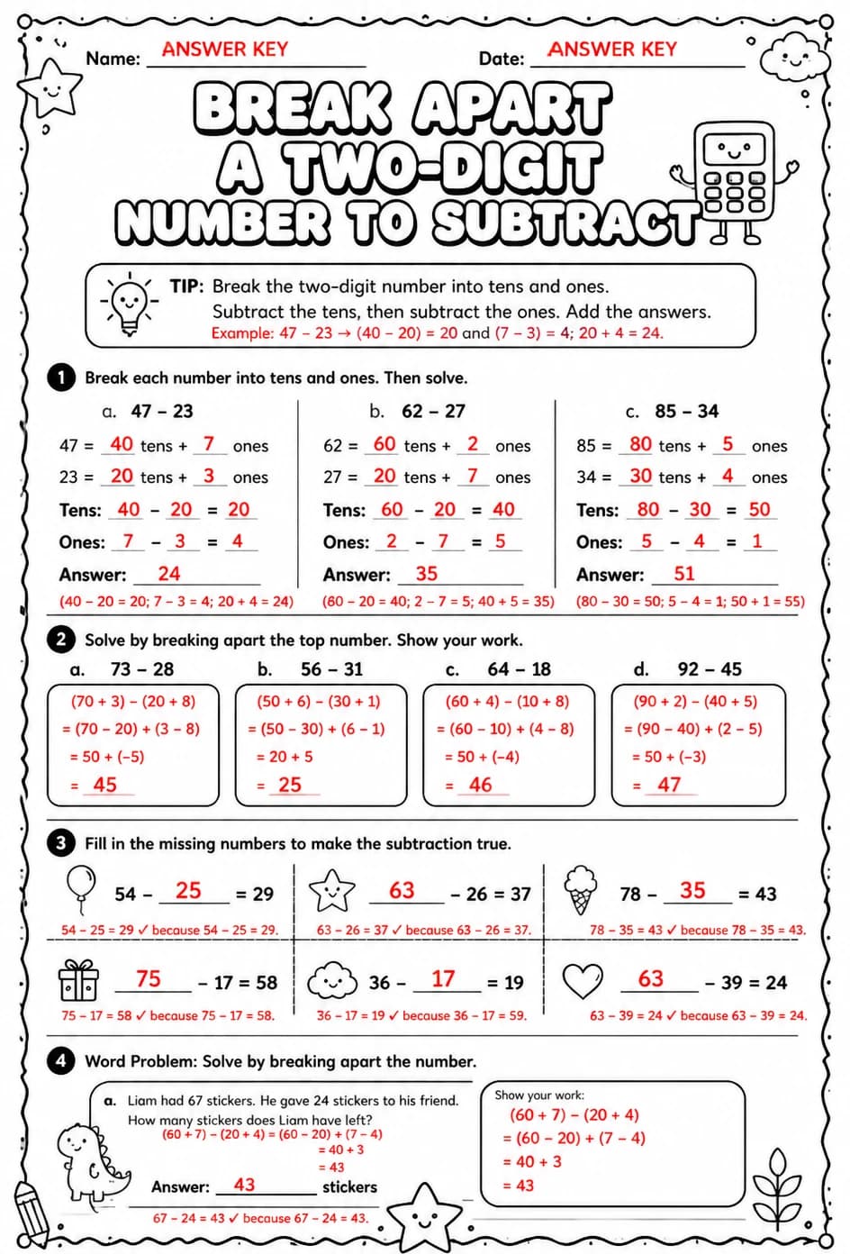 Answer key for Break apart a two-digit number to subtract — free printable Math worksheet