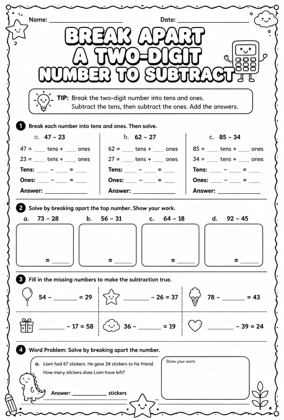Break apart a two-digit number to subtract — free printable Grade 2 math worksheet