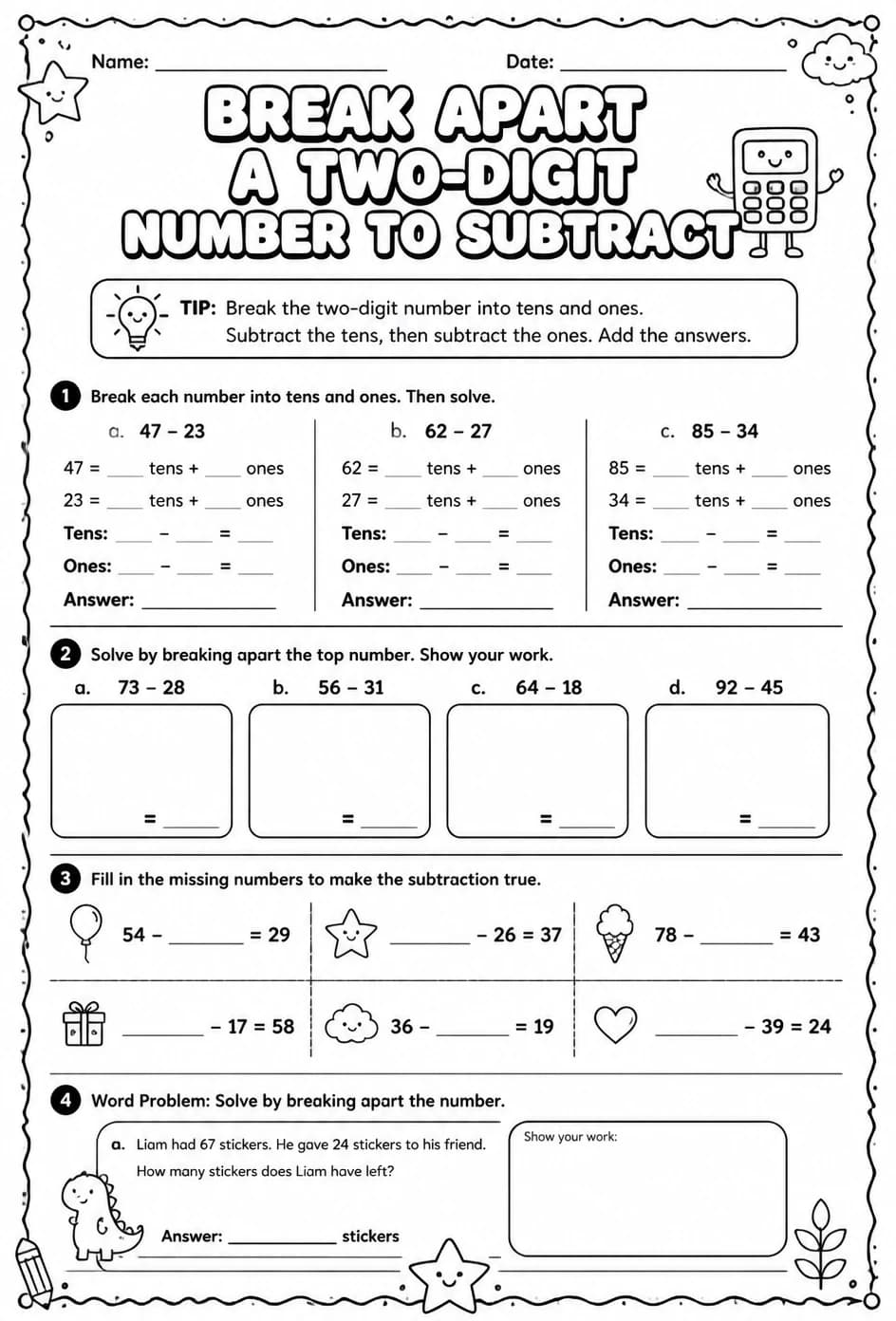 Break apart a two-digit number to subtract — free printable Grade 2 math worksheet