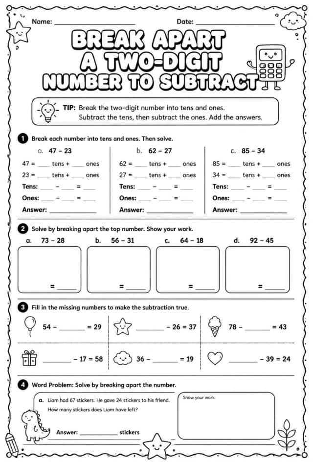 Break apart a two-digit number to subtract