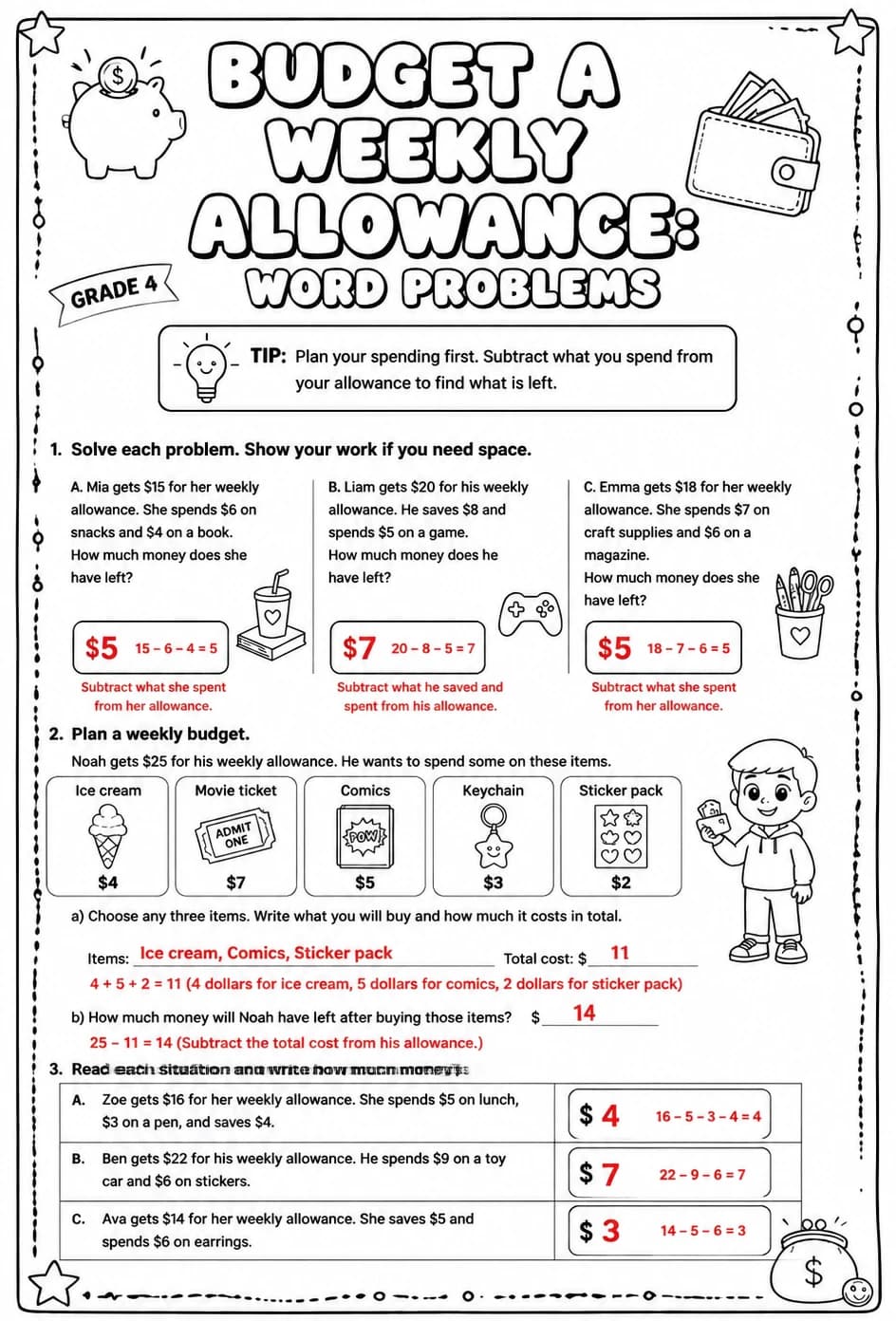 Answer key for Budget a weekly allowance: word problems — free printable Math worksheet
