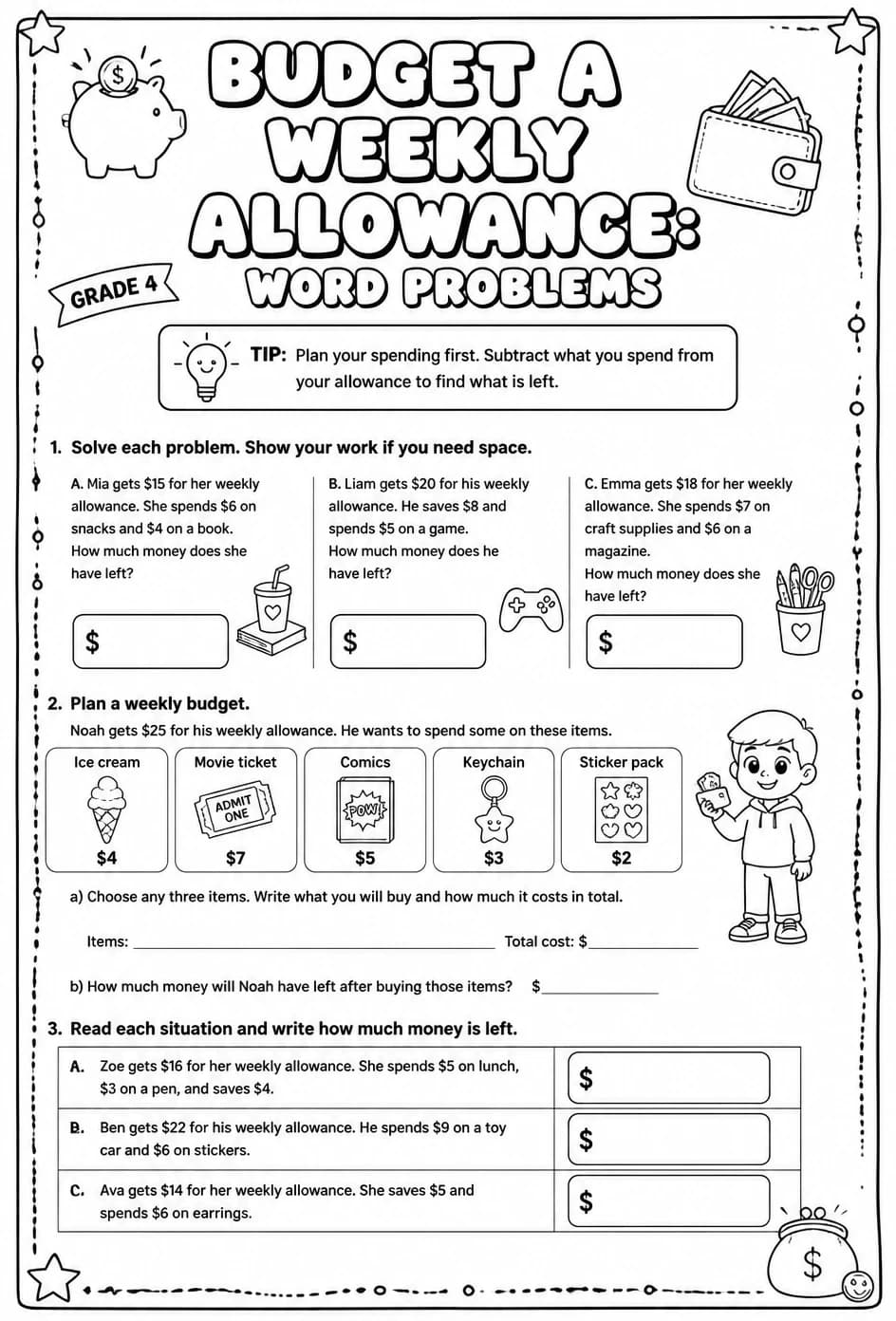 Budget a weekly allowance: word problems — free printable Grade 4 math worksheet