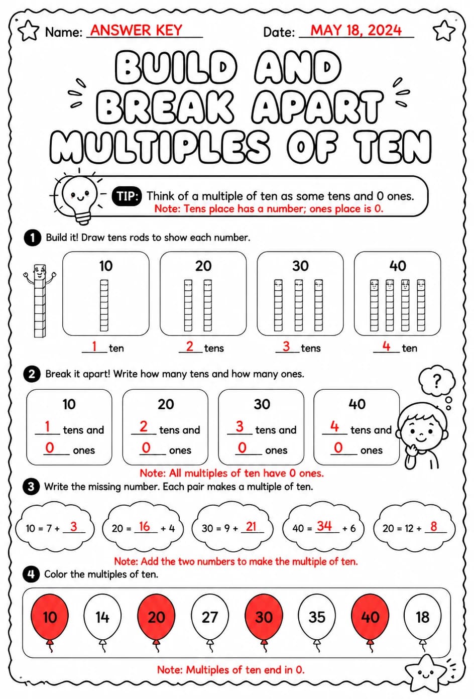 Answer key for Build and break apart multiples of ten — free printable Math worksheet
