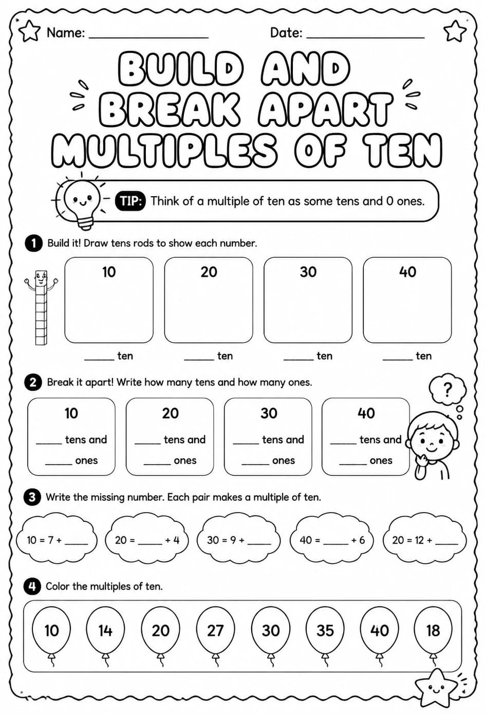Build and break apart multiples of ten — free printable Grade 1 math worksheet