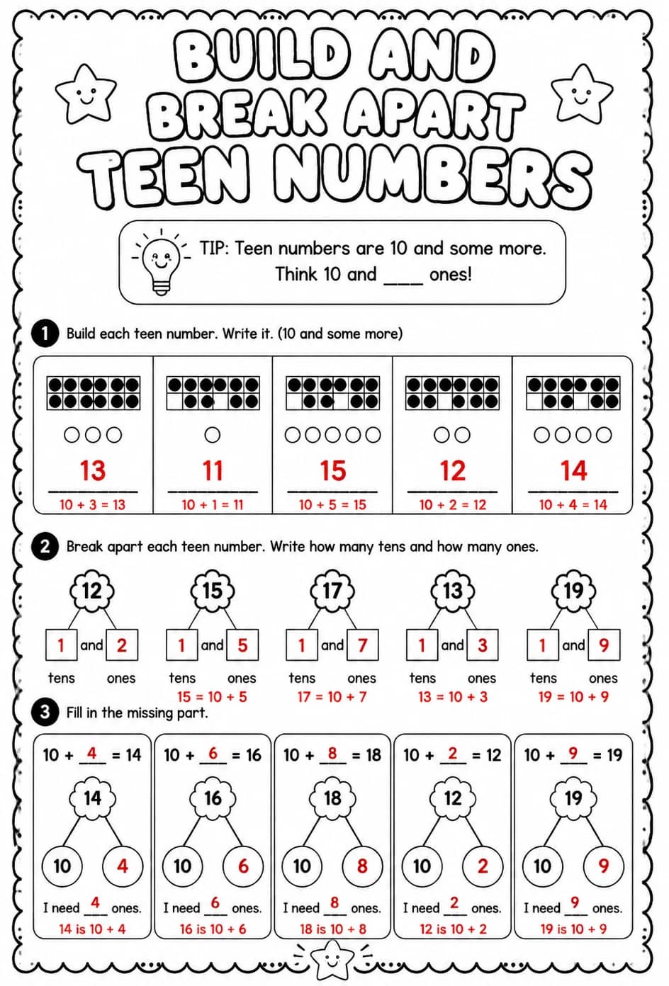 Answer key for Build and break apart teen numbers — free printable Math worksheet